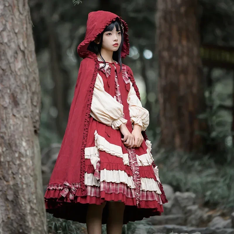 

2022 Spring New Vintage OP Lolita Dress Polyester Plaid Bow Snowflake Velvet Little Red Riding Hood Lovely Women Clothing