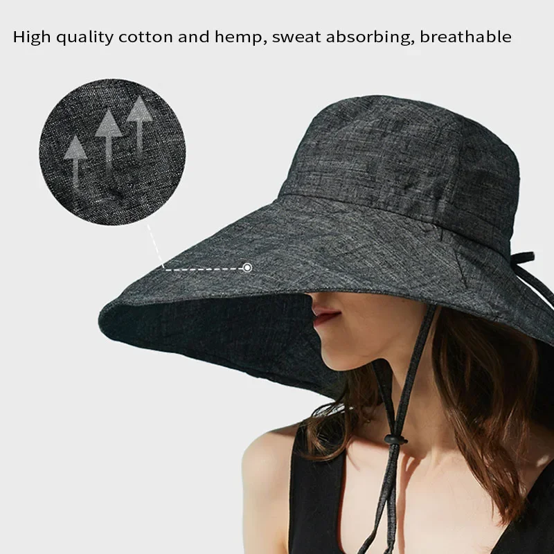 Summer Wide Brim 15cm Linen Sun Hats for Women Uv Protection UPF 50+ Sunshade Foldable Beach Hat Outing Panama