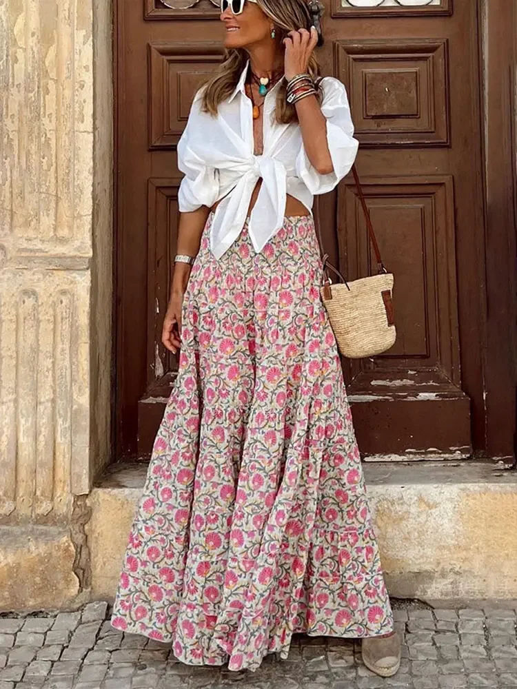 WildPinky Fashion Floral Print Skirts Women Summer Vintage Elegant High Elastic Waist Long Skirt Boho Casual Female A-line Skirt