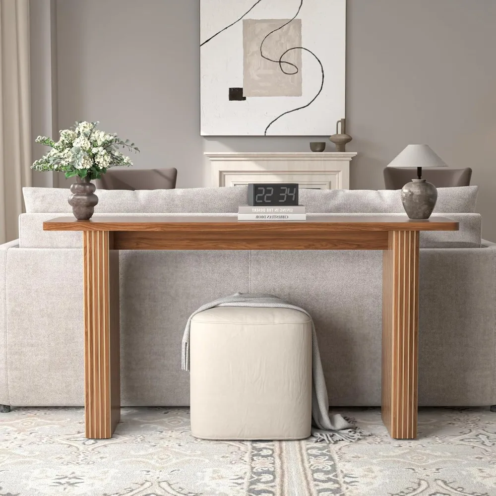 Fluted Long Console Table 60 Inch, Wood Entry Way Sofa Table Behind Couch, Mid Century Modern Narrow Entryway Table, Easy Assemb