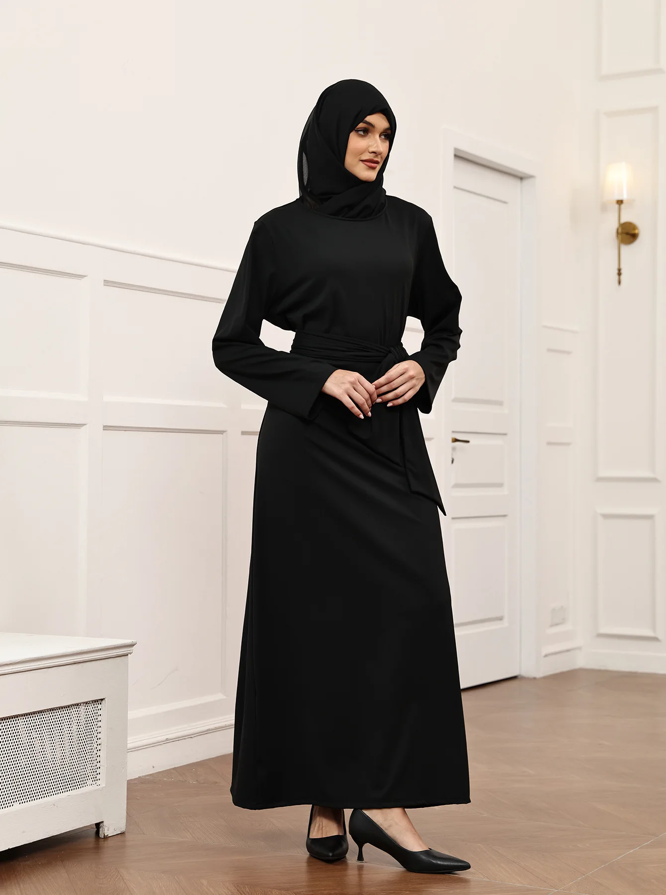 

Eid Mubarak Djellaba Ramadan Muslim Women Dress Black Arabian Robe Headscarf Belted Dubai Abaya Kaftan Islam Clothing Jalabiya
