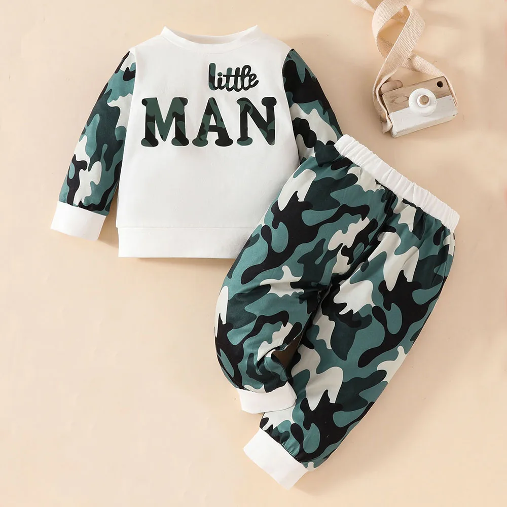 2024 Autumn 2pcs Baby Boy Clothes Camouflage Patchwork Long Sleeves Sweatshirt Elastic Waist Pants Casual Kids Sets