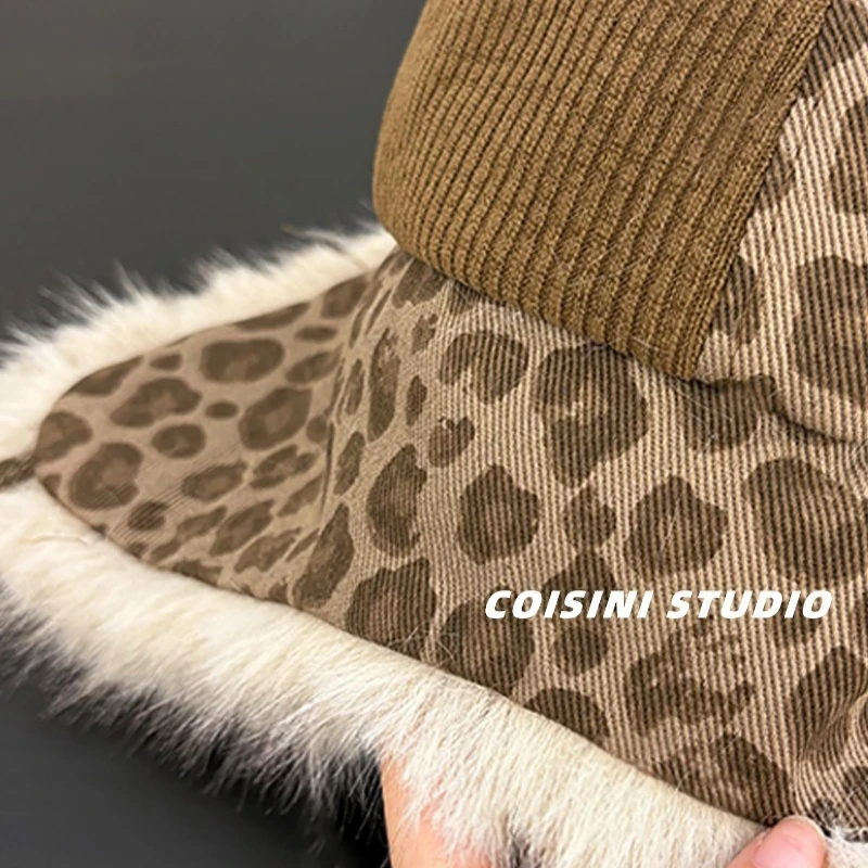 الرجعية ليوبارد طباعة أفخم القط الأذن قبعات البيسبول للنساء في الخريف والشتاء سروال قصير سميك وقبعات منفذها الدافئة #5