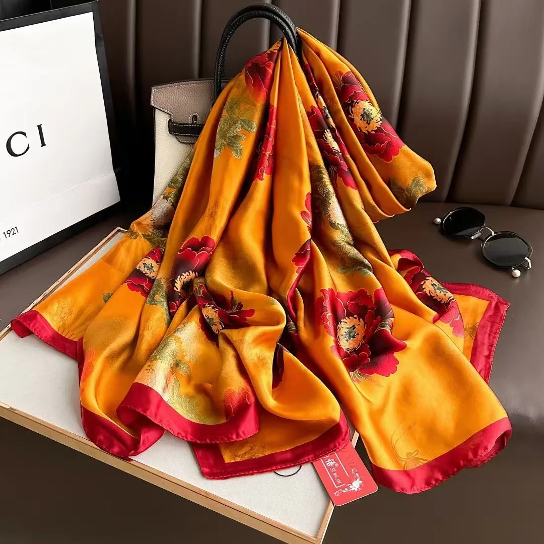 Silk Scarf Women Shawls Female Fashion Flowers For Traveling Sun Protect Sunscreen Beach Scarves Air Conditioning Luxury 2025