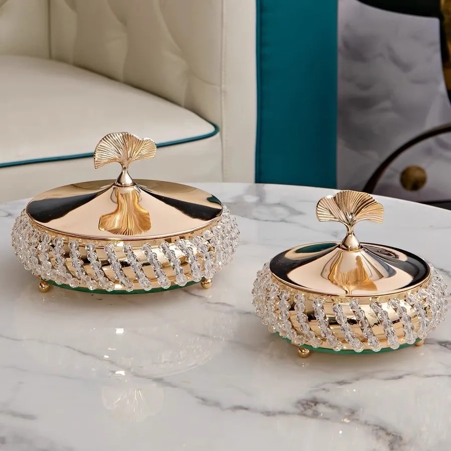 

Light luxury gold snack plate crystal with lid metal storage high-end living room coffee table dining table hospitality