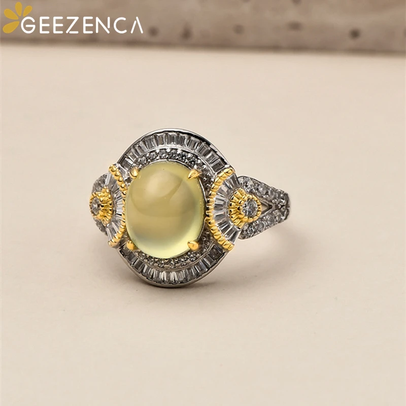 

GEEZENCA Natural Prehnite S925 Silver Two Tone 5A Zircon Rings For Women Court Style Big Wide Cocktail Luxury Ring 2023 New Gift