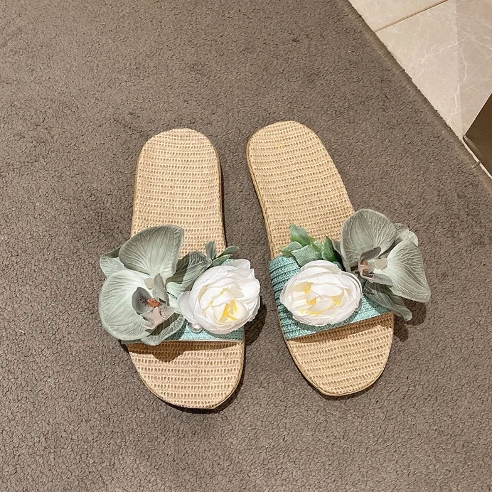 موضة لينة زهرة الكتان النعال شقة اللؤلؤ العثة الأوركيد الصنادل عدم الانزلاق أحذية فراشة الأوركيد النعال داخلي في الهواء الطلق #2