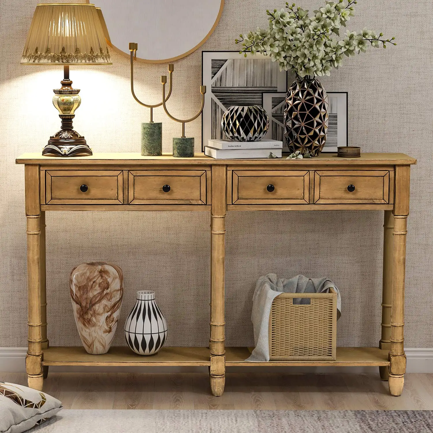 Rustic Entryway Console Table with Storage Drawers and Lower Shelf, Slim Entrance Hallway Foyer Behind Sofa Couch, Customized