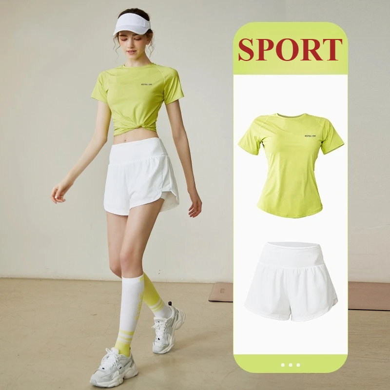

Women Running Set Quick Dry Loose Workout Outfit 2 Piece Tracksuit Summer Lightweight Gym Top Shorts Suit Badminton Apparel
