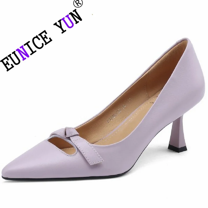 【EUNICE YUN】Hot Sale Genuine Leather Pointed Toe Heels Wedding Spring Autumn Shoes Grace Cozy Butterfly-knot Slip on 33-42