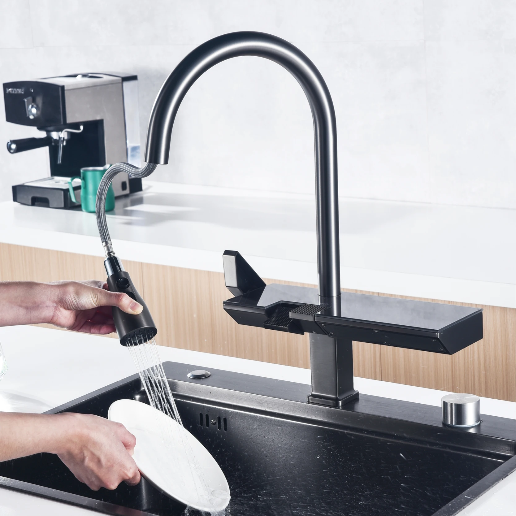 Luxury digital display brass grey kitchen faucet pull-out design waterfall water outlet single handle Cold & Hot 2 control Tap