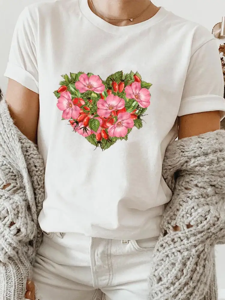 

Flower Love Heart Trend Cute Women Short Sleeve Printing Summer Spring Clothing Fashion Print Tshirt Tee Top Graphic T-shirts