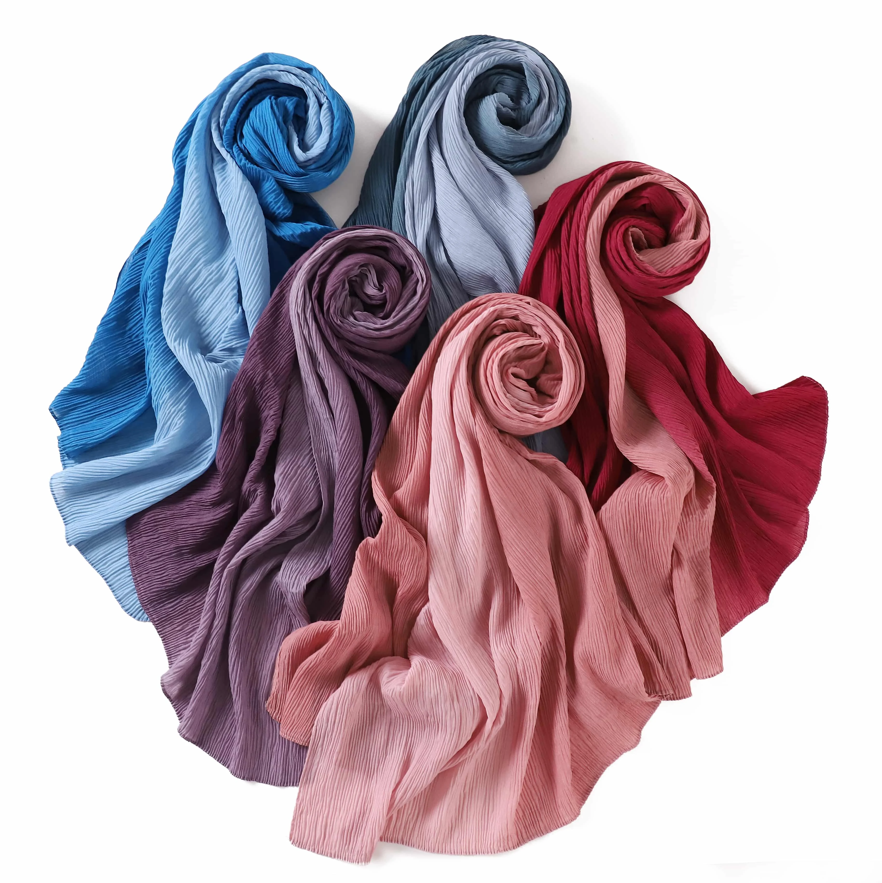 Ombre Stilvoller, elastischer, eleganter, atmungsaktiver, dünner Sonnenschutz-Farbverlauf, zweifarbiger Plissee-Schal, langer Schal aus Crinkle-Hijab-Baumwolle