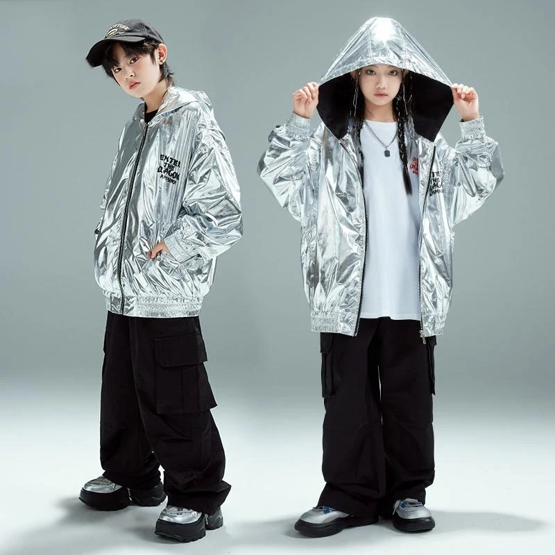 2024 Kids Hip Hop Clothing Silver Coat Black Pants Boys Girls Jazz Dance Costume Student Kids Hiphop Performance Suit BL14083