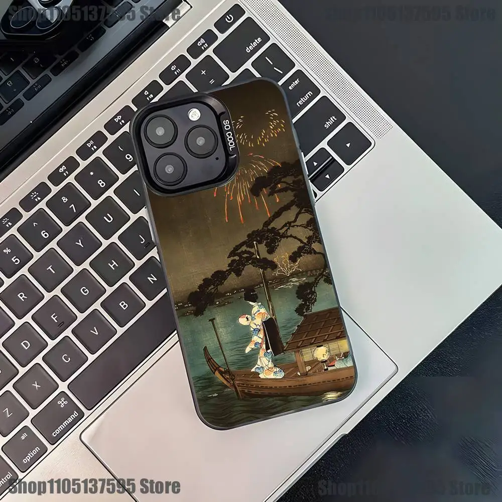 Japan Stijl Ukiyo-e Telefoon Case Voor iPhone 17,16,15,14,13,12,11,Pro,XS,Max,Plus,Mini,SE4,E Zwart Matte Schokbestendige Cover