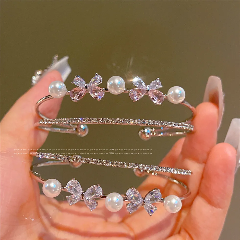 Original Sweet Double layered Bow Bracelets Adjustable Open Bangles For Women Silver Color Luxury Jewelry Party Accessories