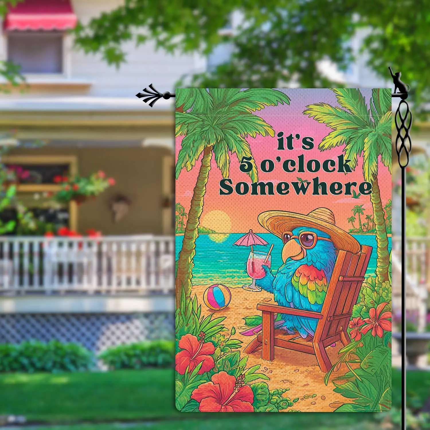 It's 5 O'clock Somewhere Garden Flag Summer Holiday Funny Parrot Garden Flag Vertical Double Sided Rustic Farmland B llp