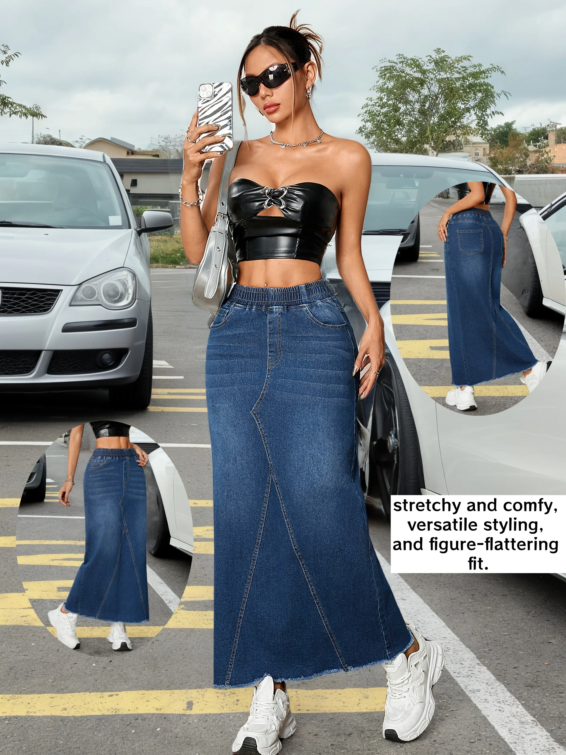 Women's Versatile Straight Leg Denim Skirt Casual Elastic Waistband Frayed Hem Stretchy Jeans Long Skirt