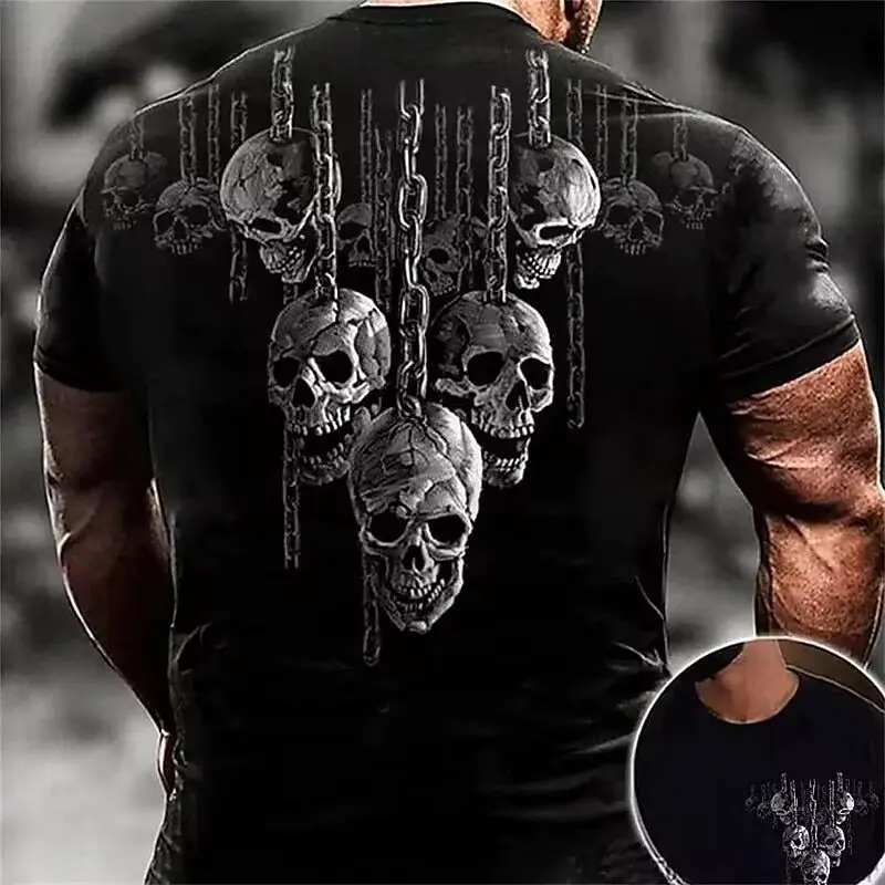 2025New Summer Hot Sale Double Gun Skull Digital Printing Short Sleeve Boys Handsome Personality Crew Neck T-Shirt Top image 2