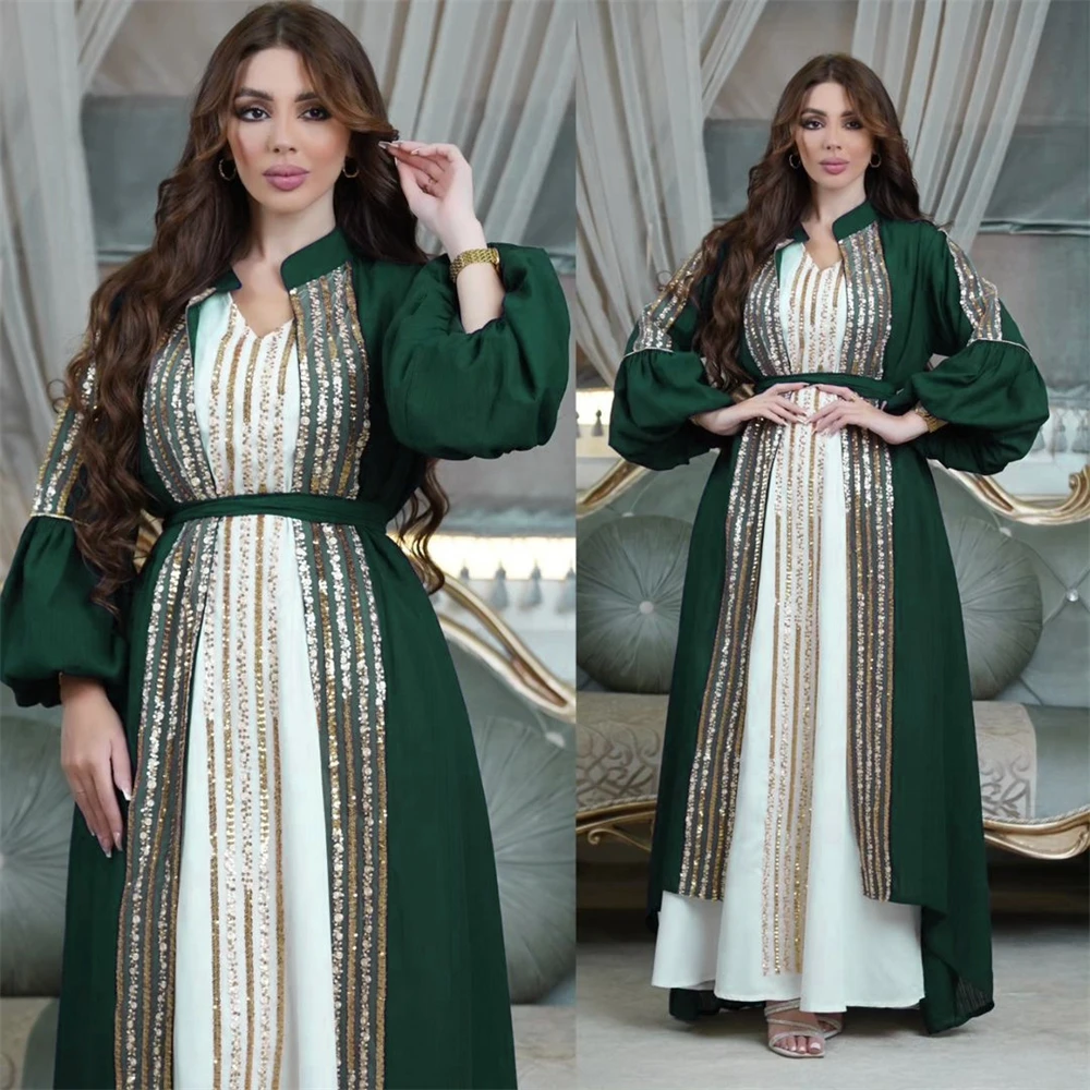 Luxo marroquino caftan com lantejoulas e manga lanterna para as mulheres, vestido muçulmano, abaya, vestidos ramadan, eid jabiya, dubai, 2 peças