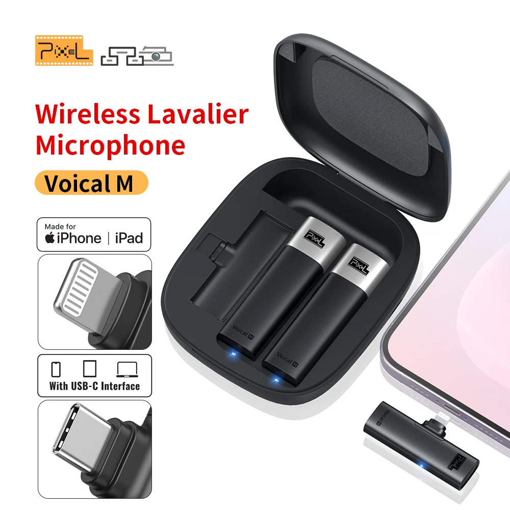 

Pixel Voical M Wireless Lavalier Microphone Noise Reduction Audio Video Recording Microphone For iPhone Type-C With Charging Box