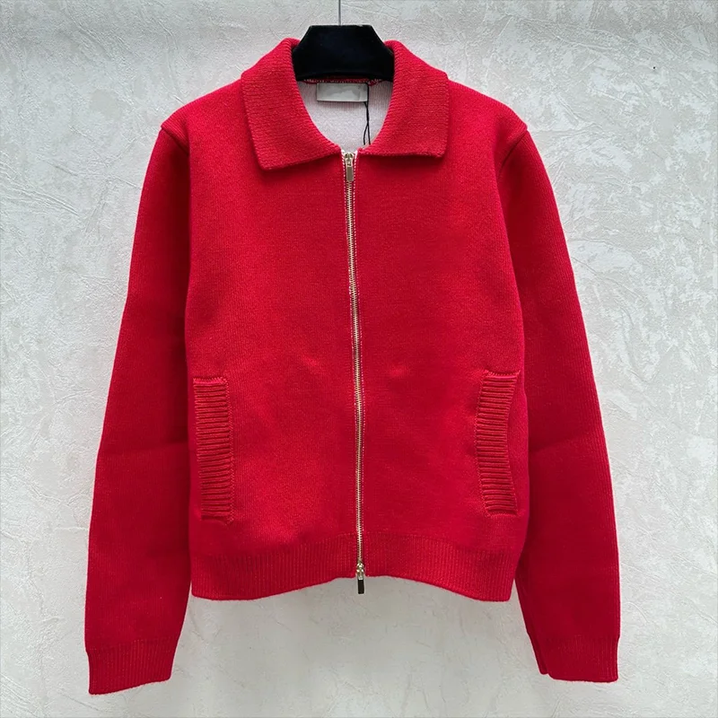 

High-quality women's all-knit cardigan sweater with zipper collar and pocket in classic red color fashionable outerwear 1010014