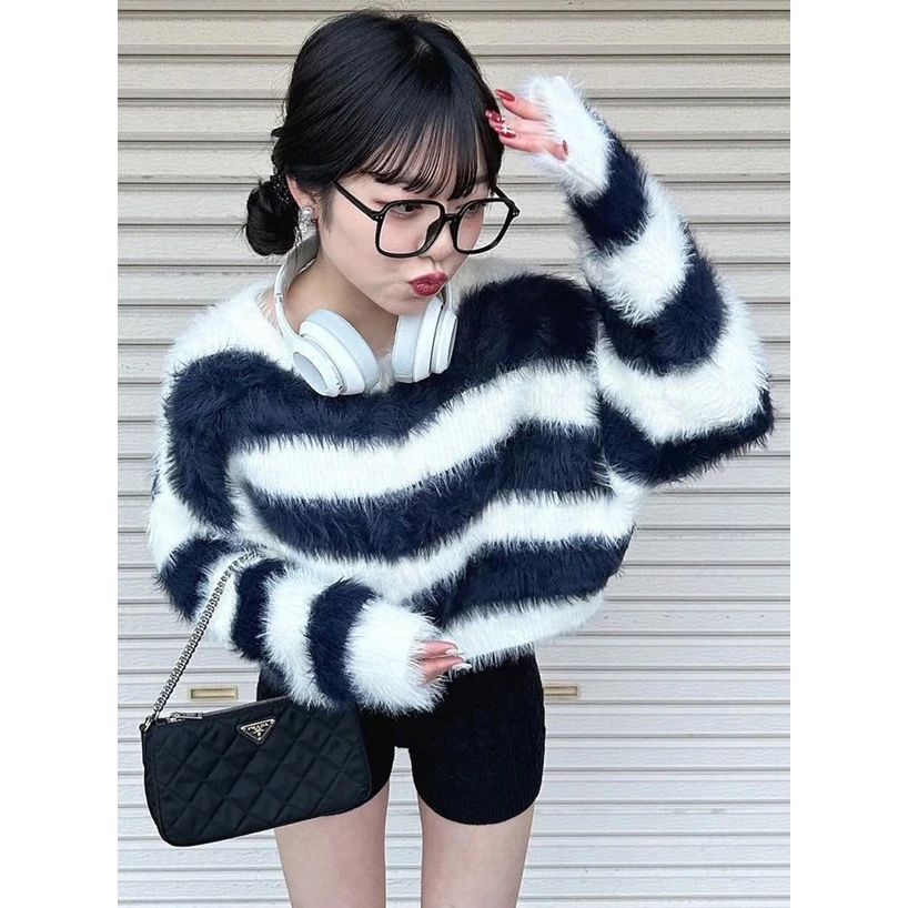 

Thi Knitted Long Hair Artificial Mink Loose Fit ort Sweater Smooth Dra Polyester Nylon Winter Faion Ladies Sweater
