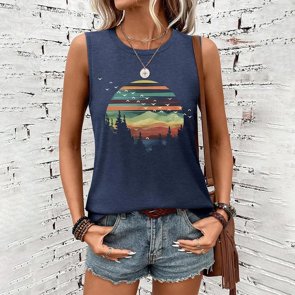 

Fashion Women's Sleeveless Vest 2025 Summer Casual Shirt Hawaiian Pattern T-shirt Loose Round-neck Holiday Clothing Tank Tops