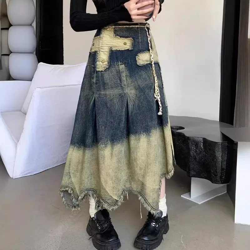

Женская винтажная джинсовая юбка с перекрестной бахромой, утягивающая юбка трапециевидной формы с высокой талией средней длины, осенне-зимний новый стиль