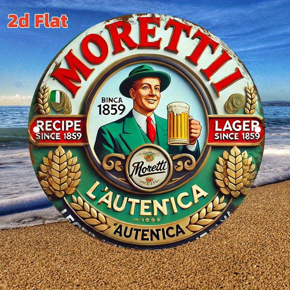 2D Flat, 1pc Moretti Vintage Italian Brewery Beer Sign - Retro Pub Wall Decor 1859, Authentic Lager Metal Plaque with Green Suit