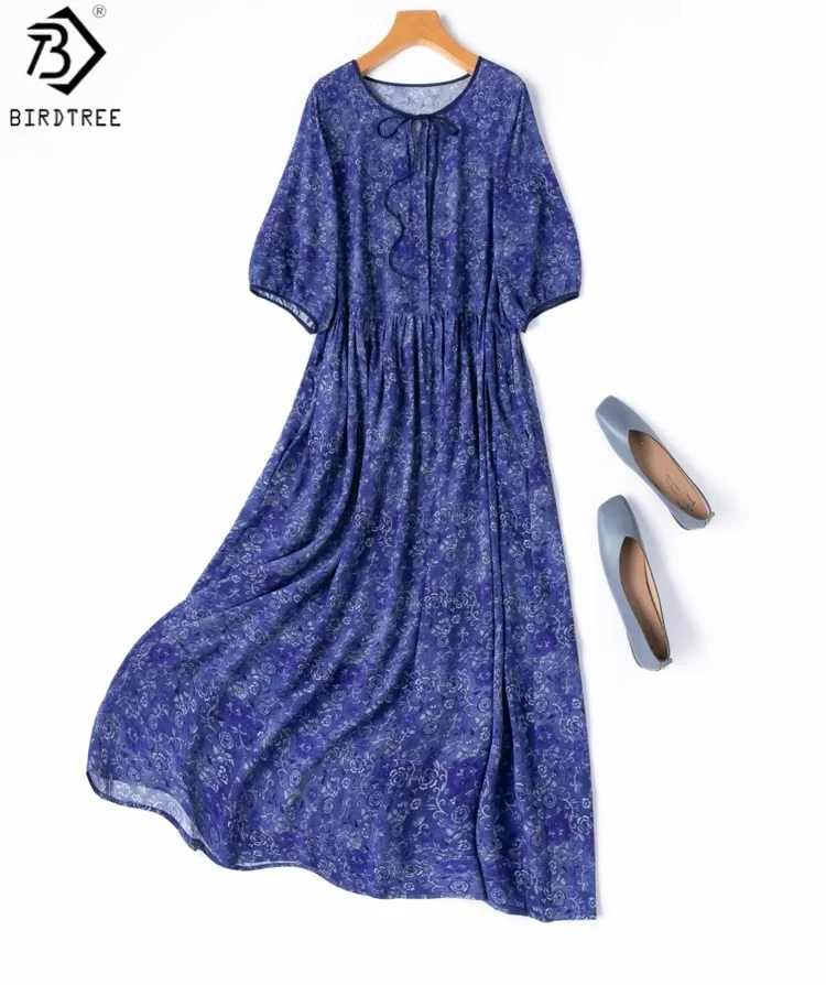 

BirdTree 100% Silk Floral Print Dress,Woman Double Crepe Half Sleeve O-neck Dark Blue Dress,2025 Summer New D56626JF