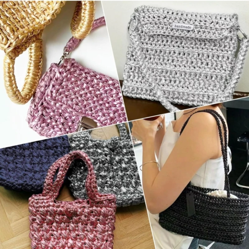 غزل تي شيرت معدني، ساطع، لامع، حياكة كروشيه، غزل قماش من القماش مع لون أحادي الجانب، وسادة سلة حقيبة يدوية ذاتية الصنع-مقبض