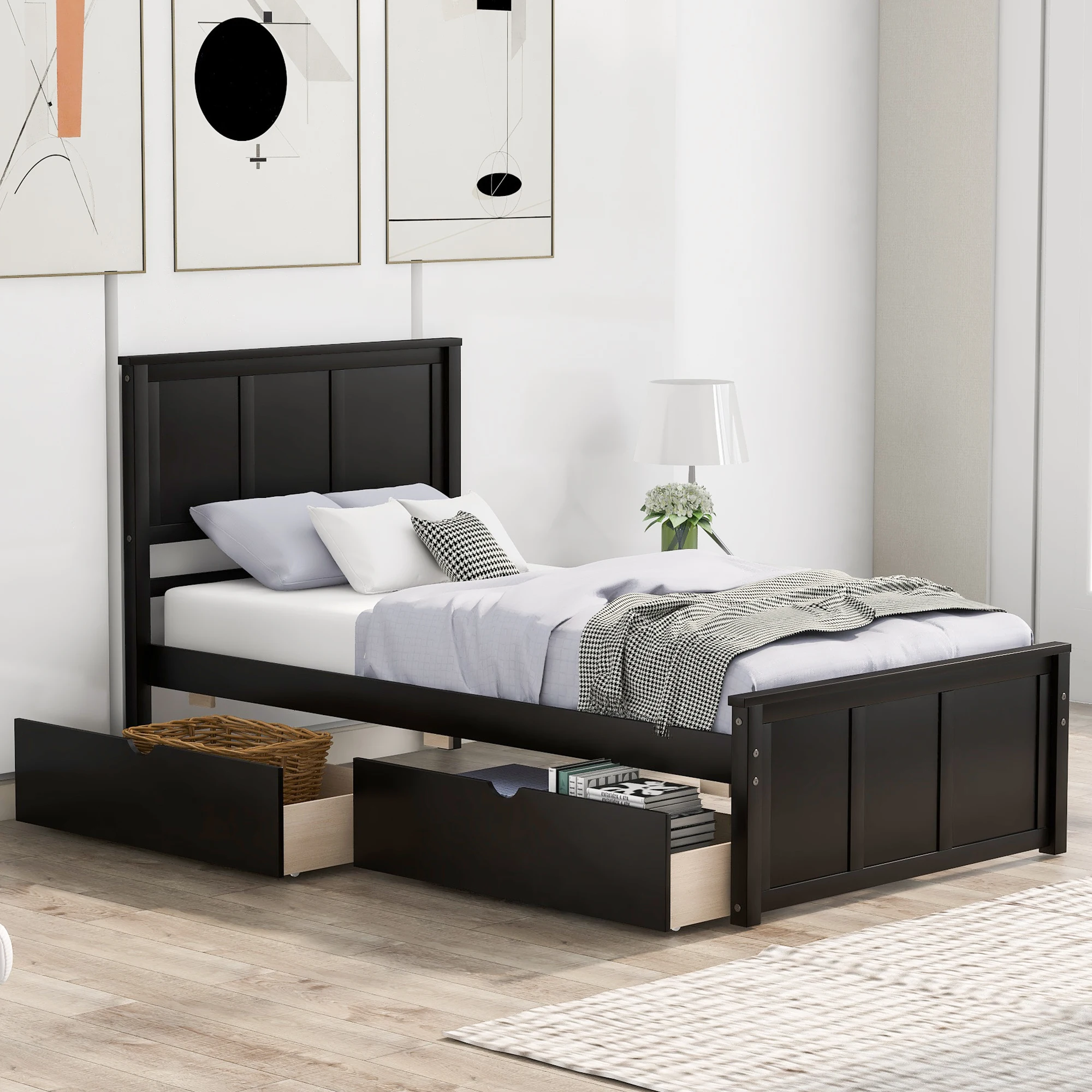 Two ColorsTwin Size Platform Bed with Two Drawers Bedroom Furniture