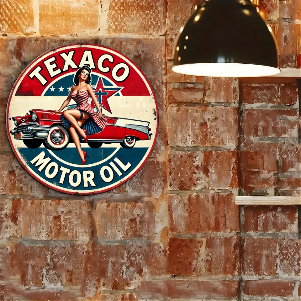 Texaco Motor Oil Vintage Aluminum Sign, Retro Pin-Up Wall Art