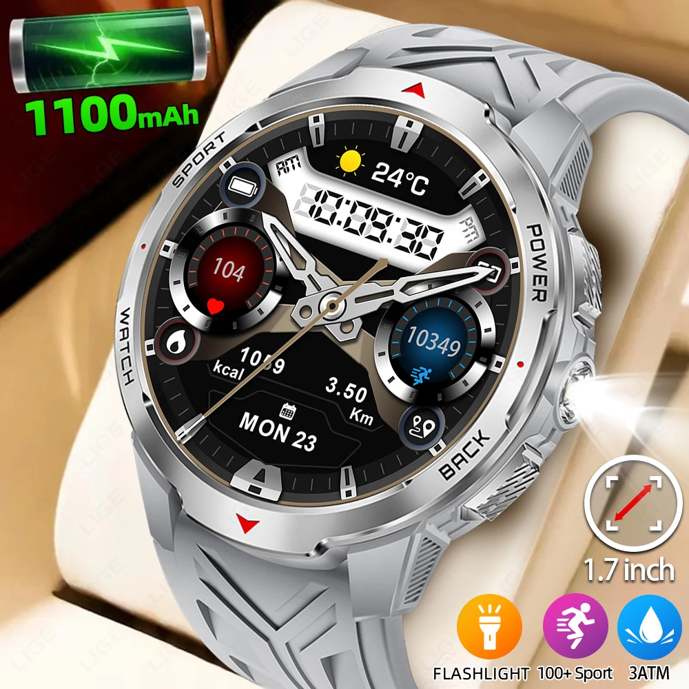 

New Outdoor Smart Watch For Men 1100mAh Large Battery Compass Watches LED Flashlight Heart Rate Sport Smartwatch For Android IOS