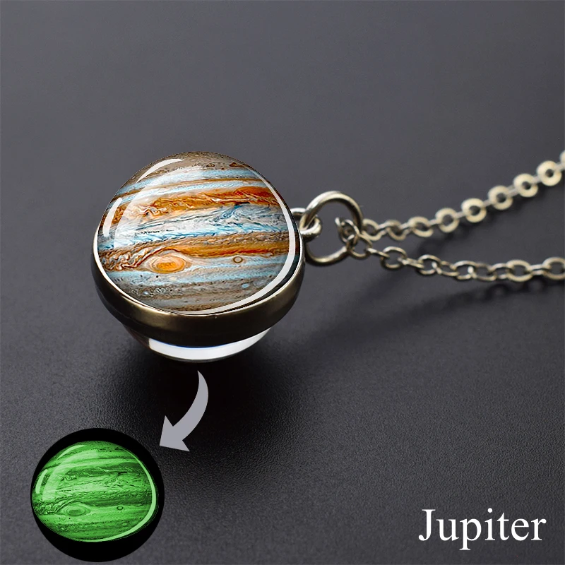Im Dunkeln leuchtende Halskette mit Sonnensystem-Planeten, Galaxie-Nebel, leuchtender Anhänger, Mond, Erde, Sonne, doppelseitige Glaskugel-Halskette
