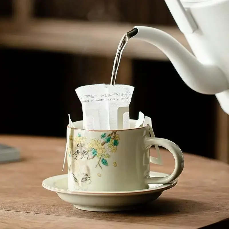 1Pc 180ML Ru Kiln Cute Cat Coffee Cup TeaCup Set Office Cup Mug Afternoon TeaCup Saucer Set Business Souvenir Coffeeware Teaware