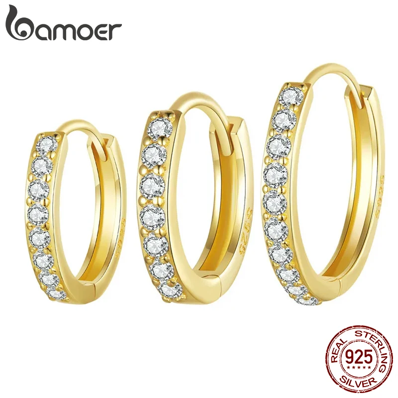 BAMOER 925 Sterling Silver Classic CZ Huggie Hoop Earrings, Gold Plated Cartilage Piercing Earrings Ear Cuff for Women BSE1060