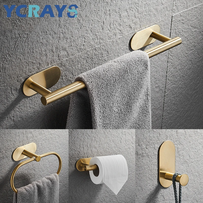 YCRAYS No Drilling Gold Bathroom Accessories Sets Toilet Tissue Roll Paper Holder Towel Rack Bar Rail Ring Robe Hook Hardware