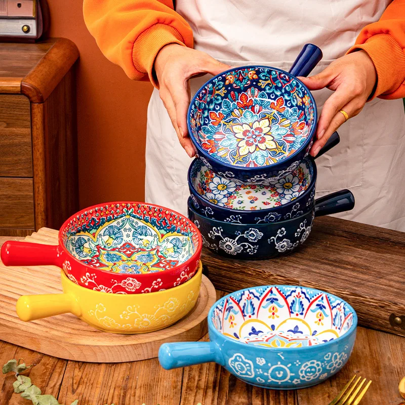 

Bohemian Ceramic Hand-Painted Embossed Patterned Salad Bowl With Handle Instant Noodle Bowl Kitchen Bakeware Microwave & Oven