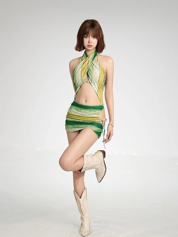 Halter Tie Cross Fruit Wood Green Retro Stripe Sexy Bikini Set Women Summer Beach Vacation Hot Spring Swimwear Two Piece view 4