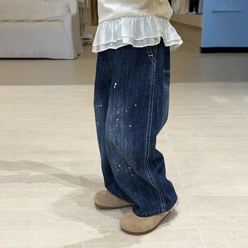 Girls' Art Splash Ink Color Dot Jeans Girls' Personality Fun Loose Color Contrast Bright Thread Casual Pants