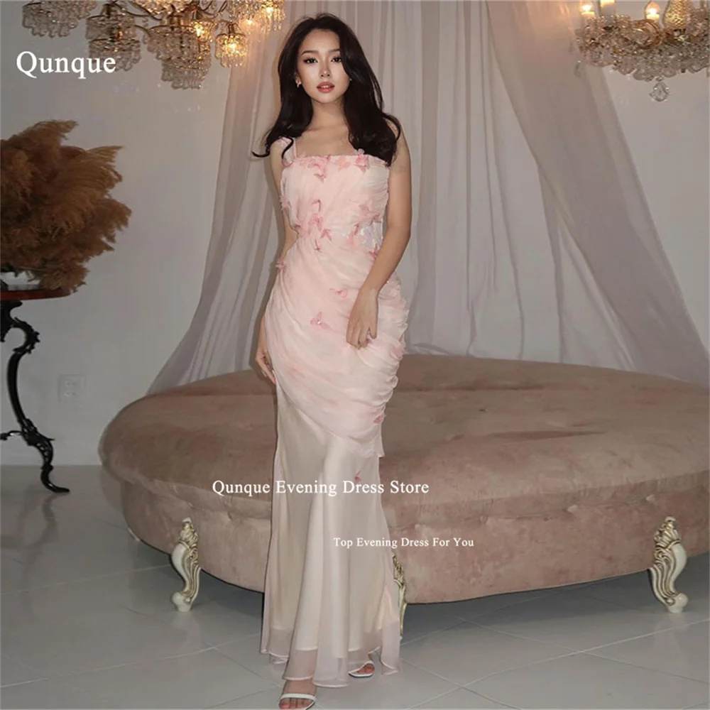 Qunque Fairy Pink Evening Dresses Customized Handmade 3D Flowers Mermaid Prom Dresses Spaghetti Straps Robe Femme Nouveauté 2024