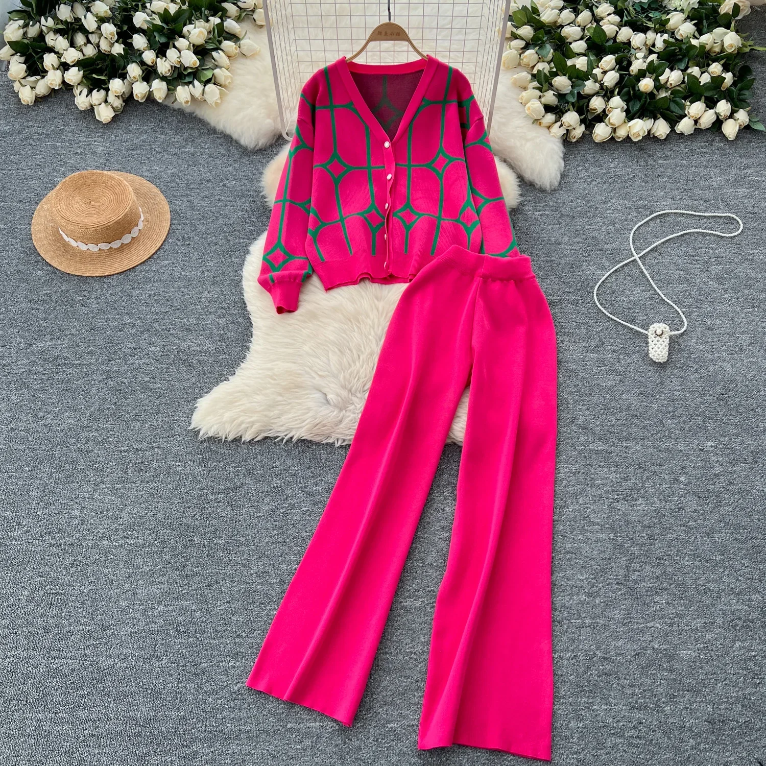 Women Two-Piece Sets Slim Long Sleeve Print Button Knit Top and Basics High Waist Wide Leg Pants Fashion Autumn Winter Clothing