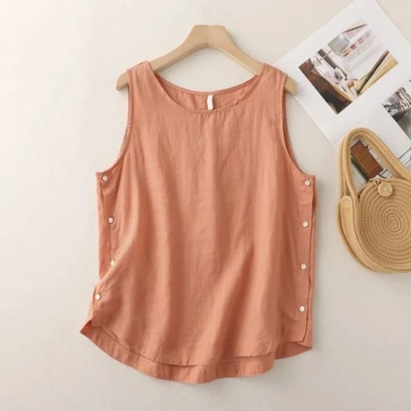 Casual Cotton Linen Vest Women's Summer Loose Simple Orange Tank Top O-Neck Side Button Design Solid Pullover Sleeveless T-shirt