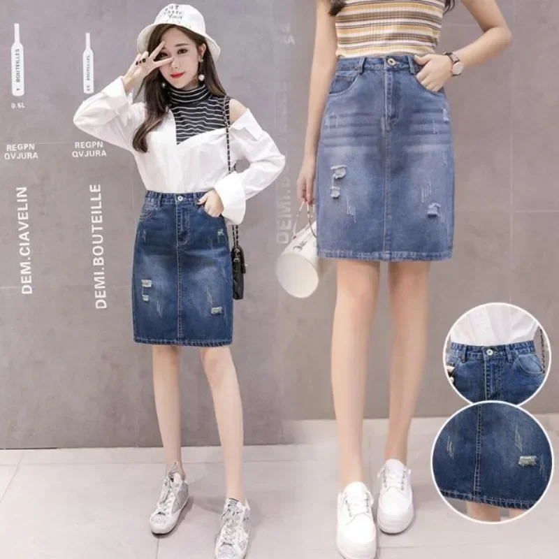 Chubby To Knees Length Midi Jeans Skirts for Women Woman Denim Skirt Ripped with Pocket Modest Harajuku Clothing Sales Premium V