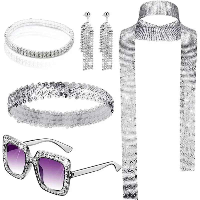 

70S Style Distinctive Disco Jewelry Set Creative Exquisite Sequin Headband Necklace Earrings Bracelet Scarf Sunglasses Set