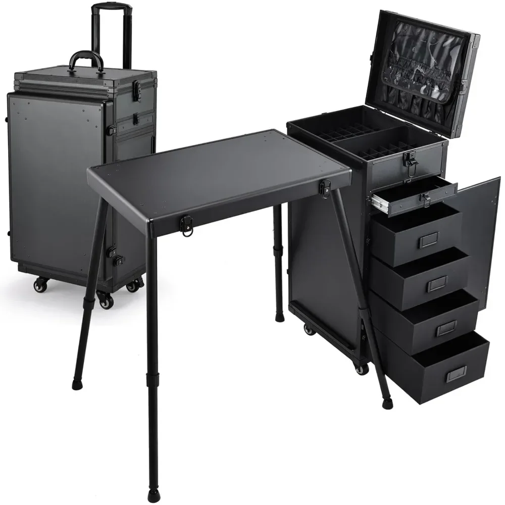 Rolling Manicure Table Makeup Case Foldable Nail Desk 5 Drawers  Case on Wheels with Brush Pouch for Technician Workstation