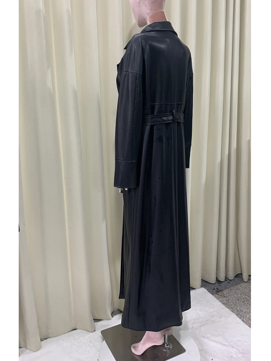 ربيع الخريف اضافية طويلة أسود لينة فلوي بولي معطف معطف جلد المرأة SashesLoose ملابس عصرية كورية غير رسمية معطف ماكسي 2025 #2