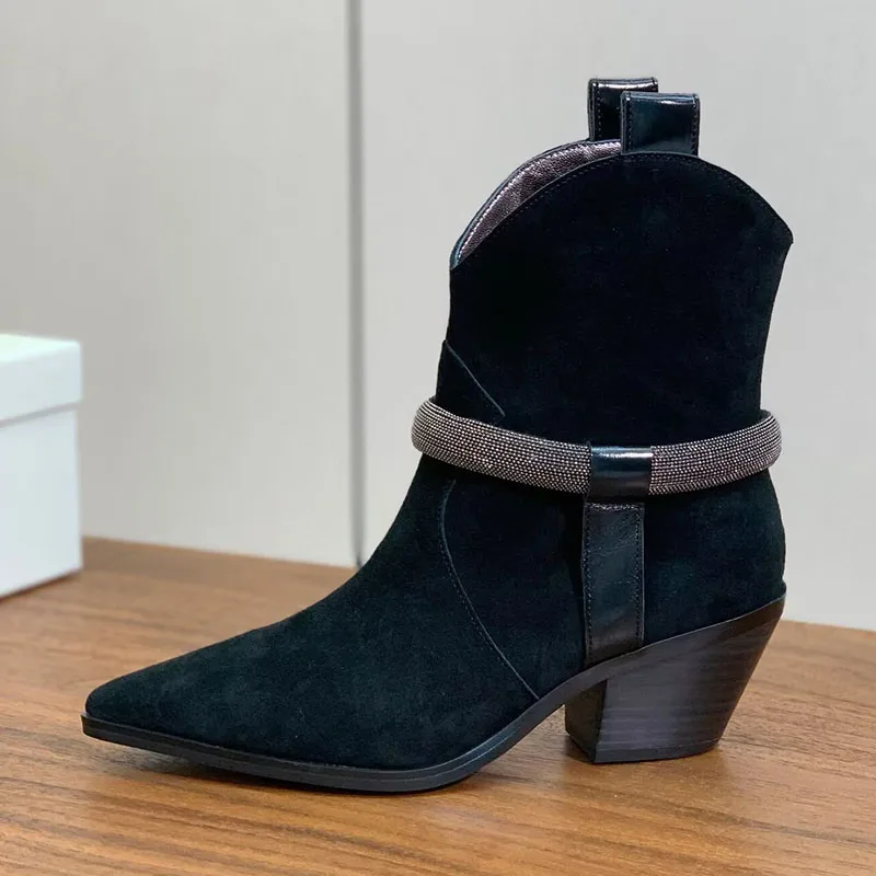 Autumn Winter Pointed Toe Chunky Heels Short Boots String Bead High Heels Chelsea Boots Women Fashion Western Ankle Botas
